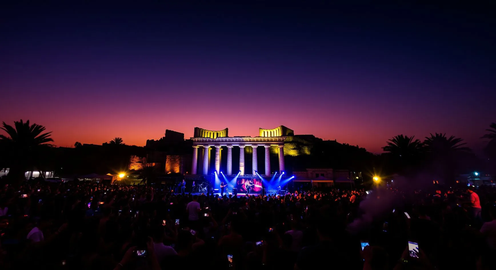 Concert crowd in front of ancient ruins at dusk
